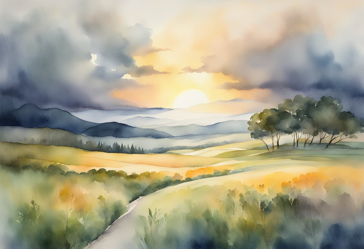 A serene landscape with a radiant sunrise breaking through dark clouds, symbolizing hope and peace beyond death