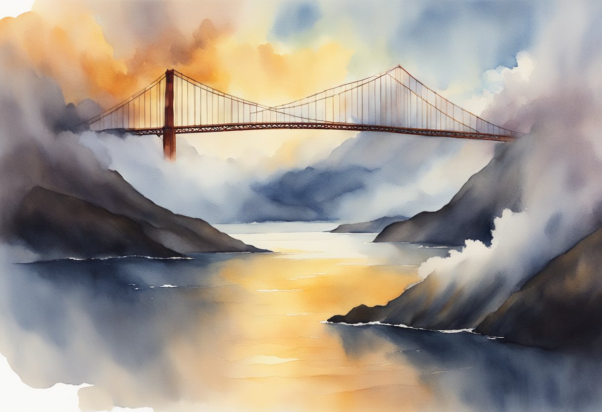 A serene, golden gate suspended in the clouds, with a radiant light emanating from behind it, contrasting with a dark, fiery abyss below