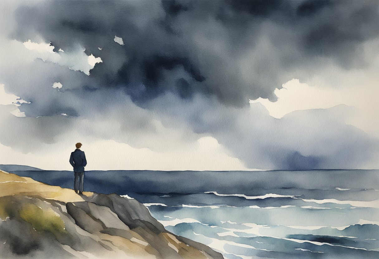 A stormy sky with a lone figure standing on a cliff, looking out at a dark and turbulent sea