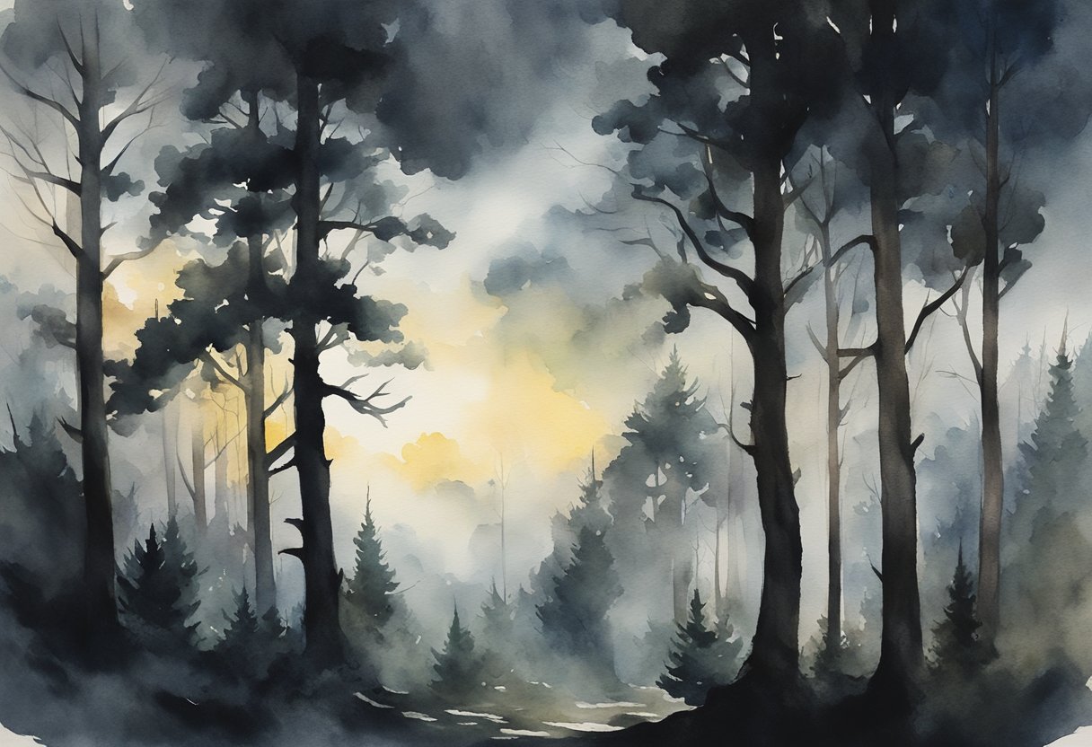A stormy sky looming over a dark forest, with twisted trees and ominous shadows, contrasted by a small glimmer of light breaking through the clouds