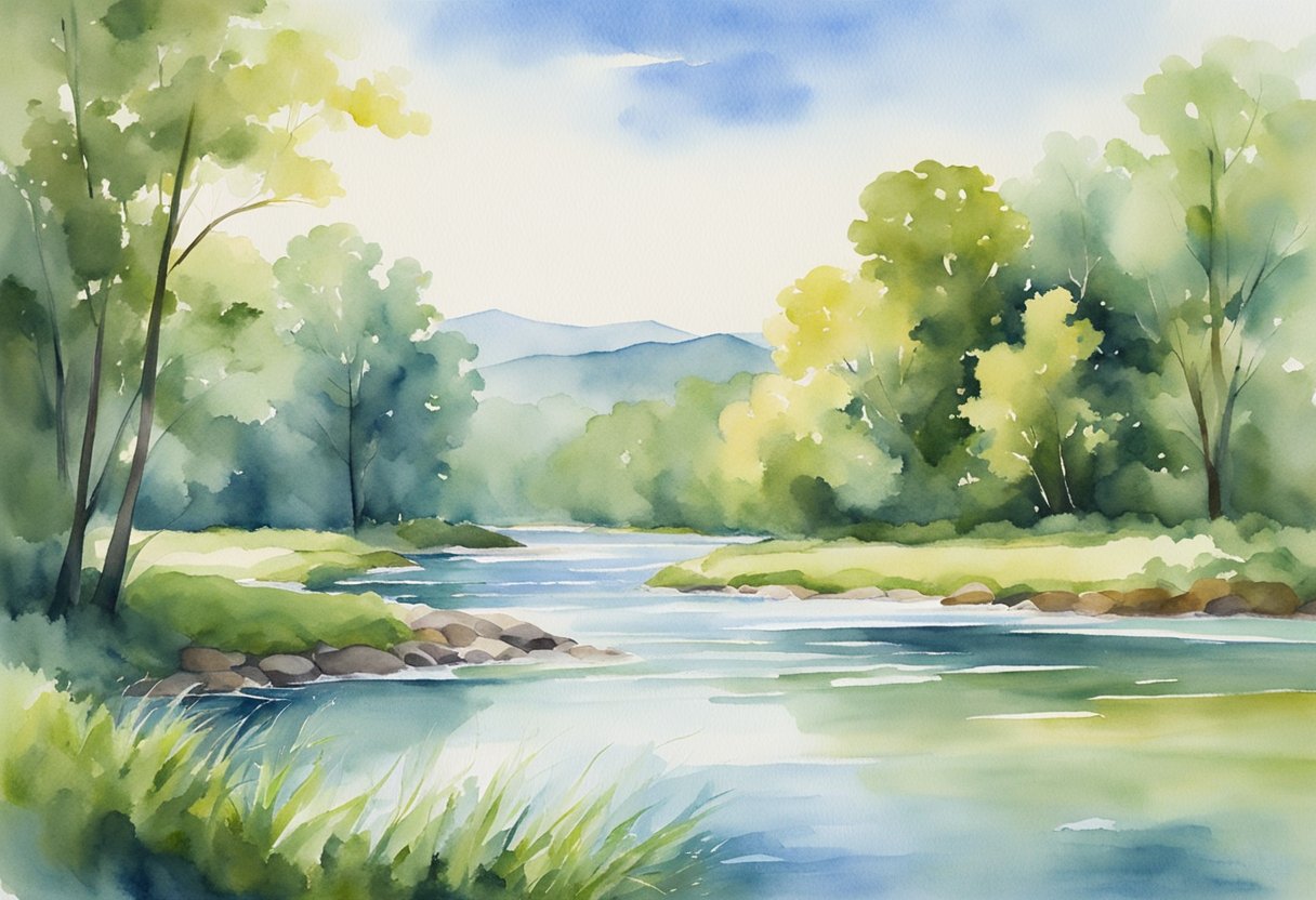 A serene landscape with a calm river flowing through lush greenery under a clear blue sky, evoking a sense of peace and tranquility