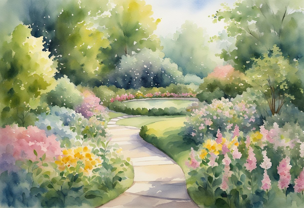 A serene, sunlit garden with a winding path leading to a peaceful pond surrounded by blooming flowers and lush greenery