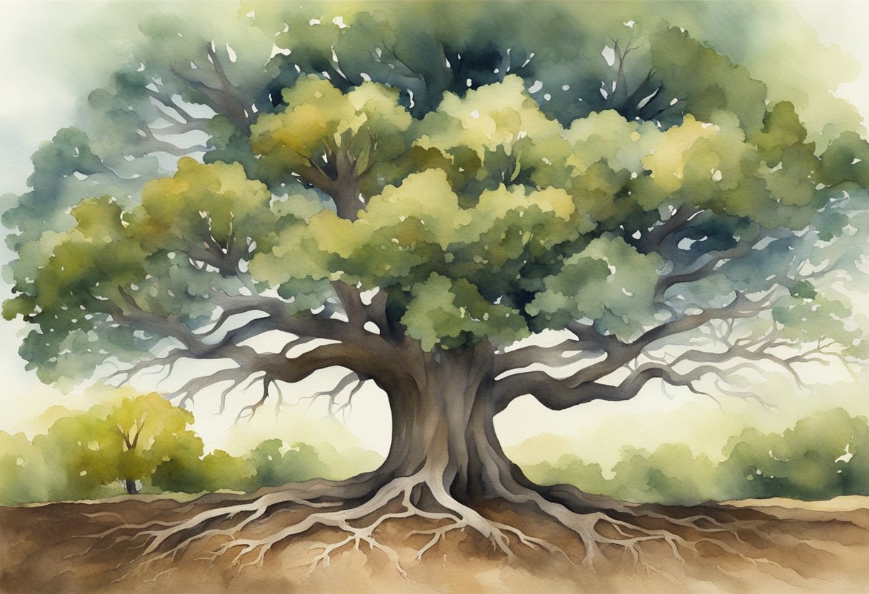 A sturdy oak tree, roots deep in rich soil, with branches reaching towards the sky, symbolizing unwavering faith in God's word