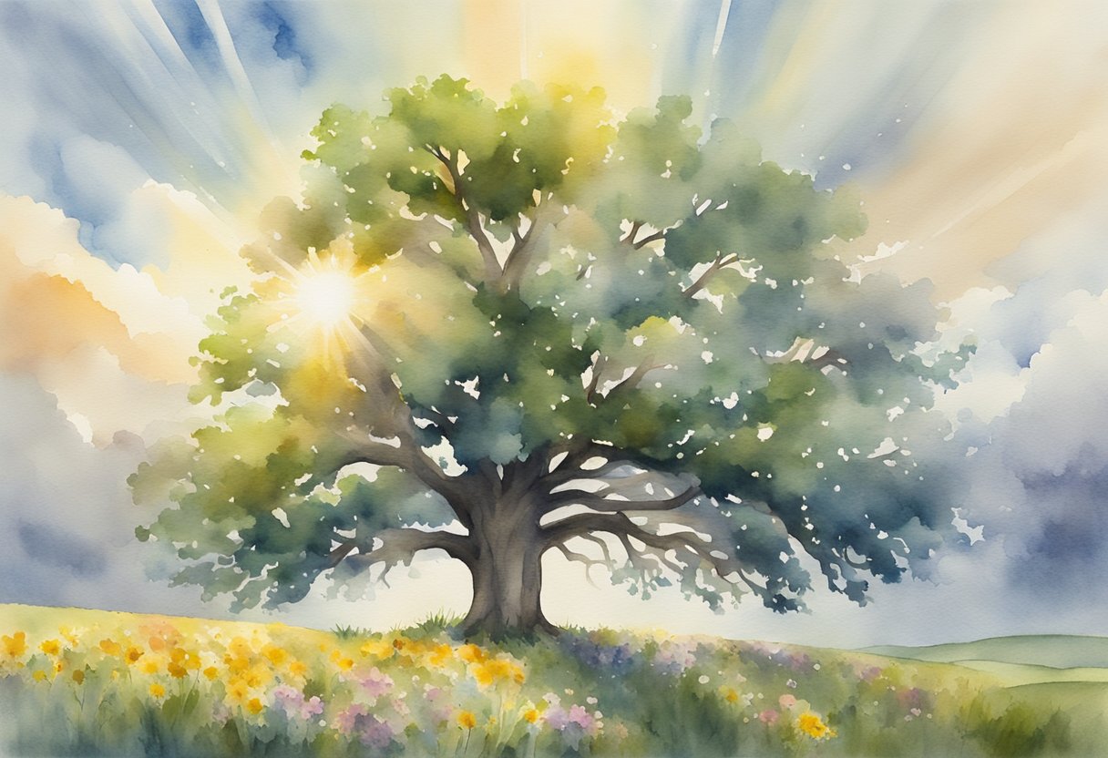 A sturdy oak tree rooted in a field of blooming wildflowers, with rays of sunlight breaking through the clouds above