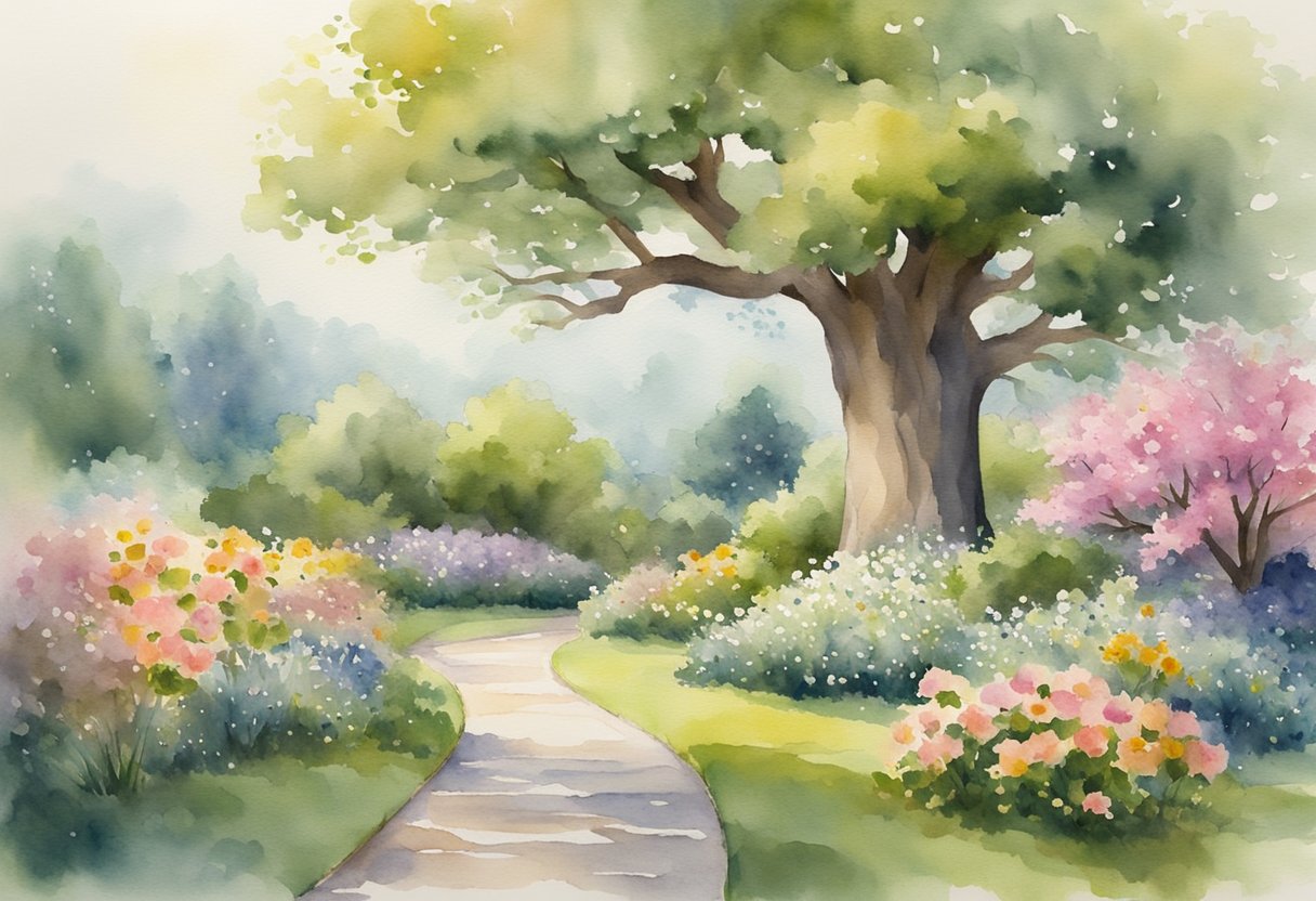 A serene garden with a sturdy oak tree, surrounded by blooming flowers and a clear stream, symbolizing strength and growth in Christian faith