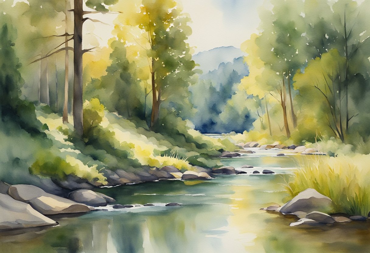 A serene landscape with a calm river flowing through a lush forest, bathed in warm sunlight, evoking a sense of peace and God's sovereignty