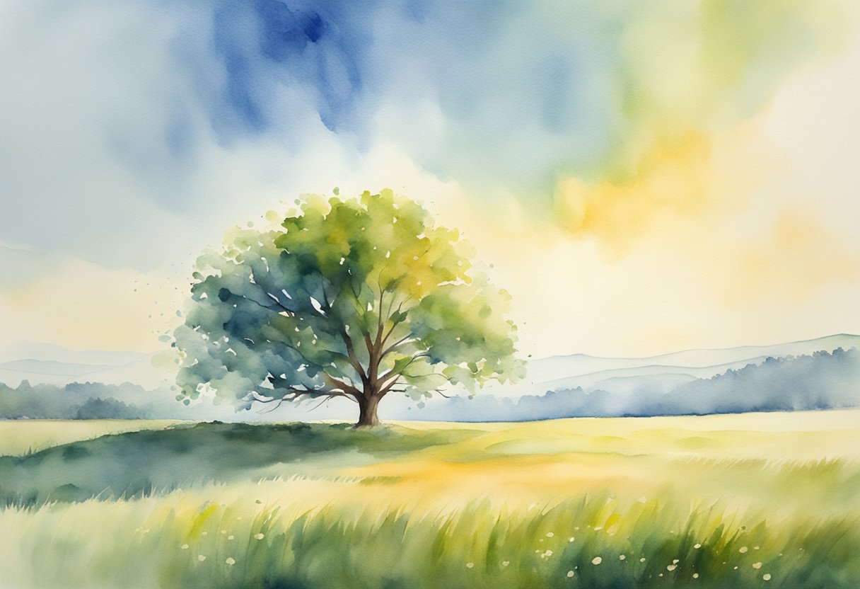A tranquil, sunlit meadow with a solitary tree standing tall amidst a gentle breeze, symbolizing peace and surrender to God's control
