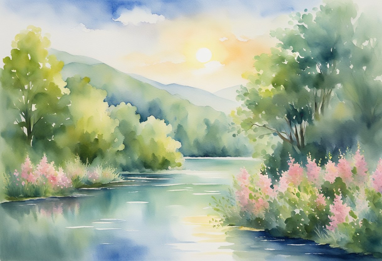 A serene landscape with a peaceful, sunlit sky and a calm, flowing river, surrounded by lush greenery and blooming flowers, evoking a sense of divine tranquility and sovereignty