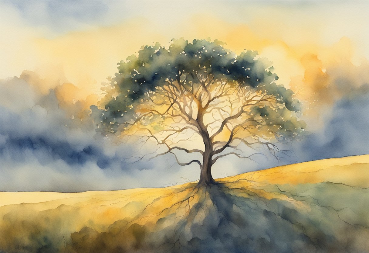 A solitary tree on a hill, bathed in golden light, with roots firmly grounded and branches reaching towards the sky