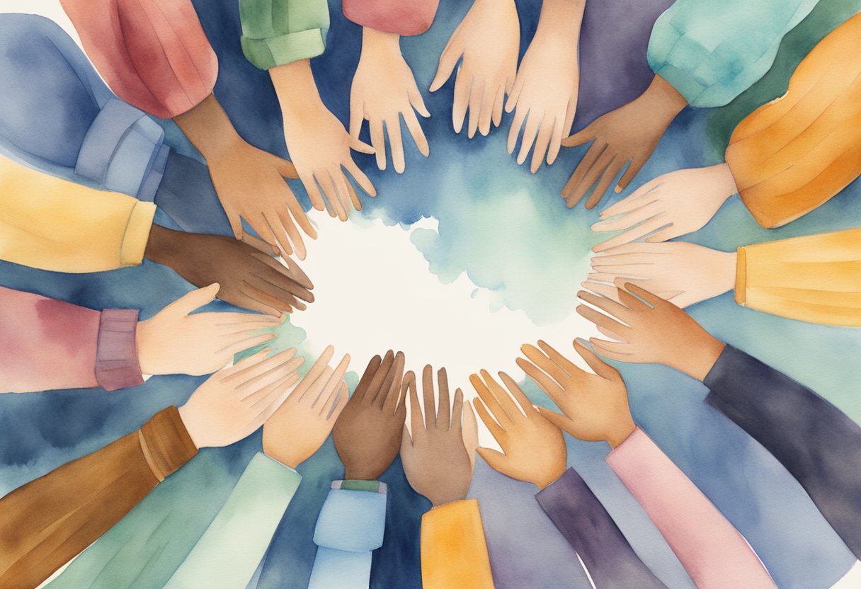 A diverse group of people from different ethnic backgrounds standing together in a circle, holding hands and praying