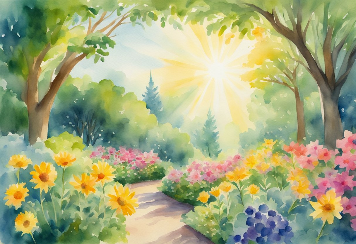 A radiant sun shining down on a lush garden, with vibrant flowers and trees reaching towards the sky, symbolizing Christian sanctification and the ultimate goal of glorifying God
