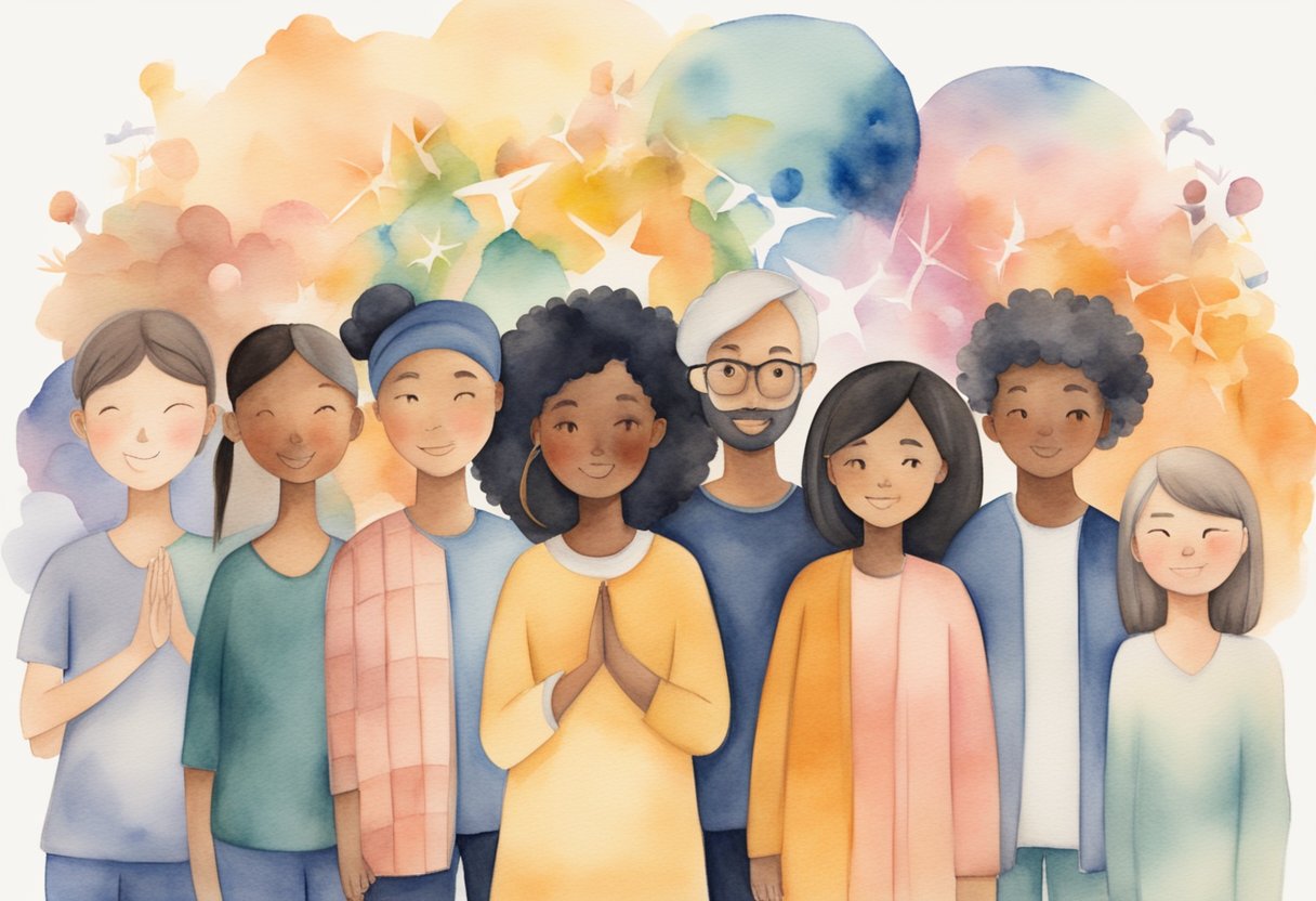 A diverse group of people from different ethnic backgrounds standing side by side, holding hands in unity, surrounded by symbols of peace and harmony
