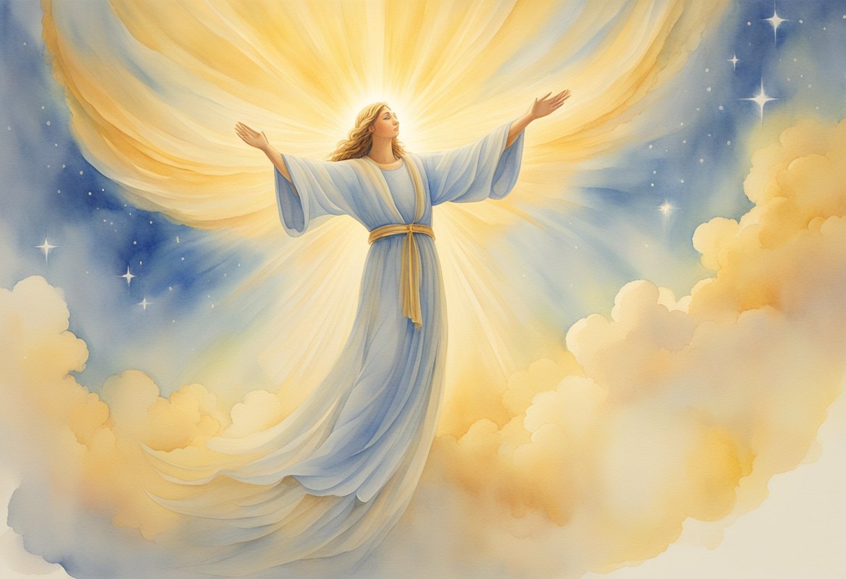 A radiant figure descending from the heavens, surrounded by a golden glow, reaching out to embrace the world with love and salvation