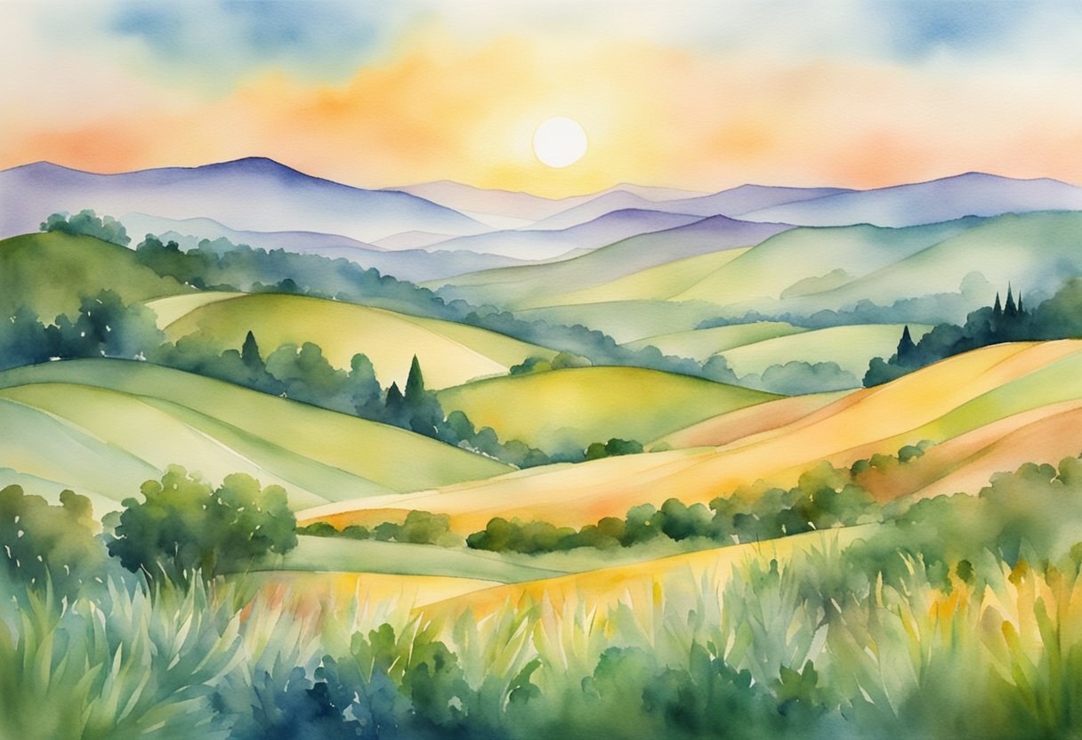 A serene landscape with a vibrant sunrise over rolling hills, symbolizing the concept of Christian hope and living with an eternal perspective