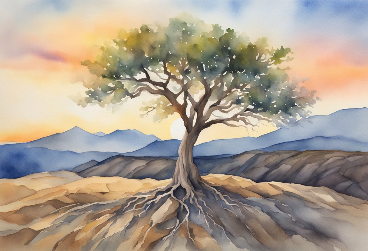 A lone tree stands resilient in a barren landscape, its roots digging deep into the rocky ground as the sun sets behind a distant mountain range, symbolizing the enduring hope of eternal perspective
