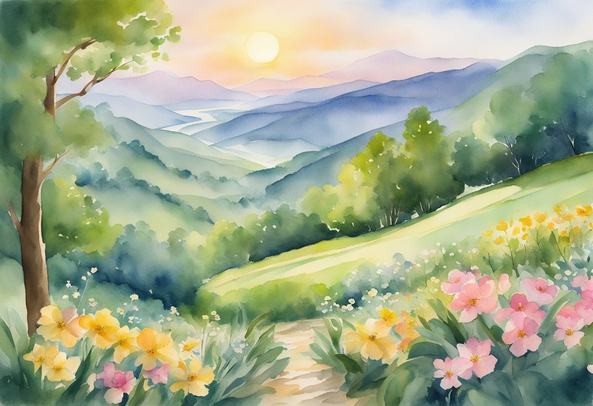 A serene landscape with a sun rising over a peaceful valley, surrounded by blooming flowers and lush greenery, symbolizing the eternal perspective of Christian hope