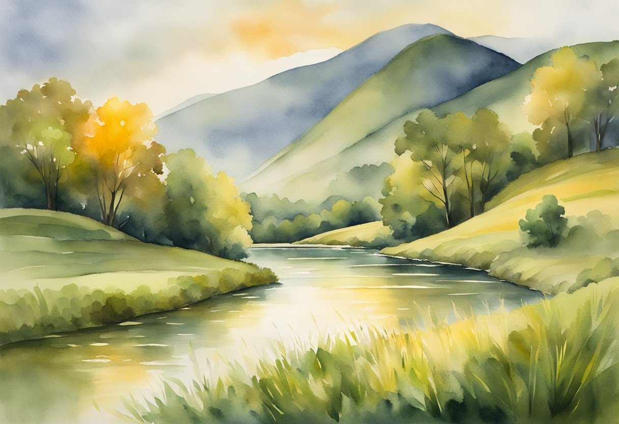 A serene landscape with a golden sunset, casting warm light on a tranquil river and lush green hills, evoking a sense of eternal hope and perspective