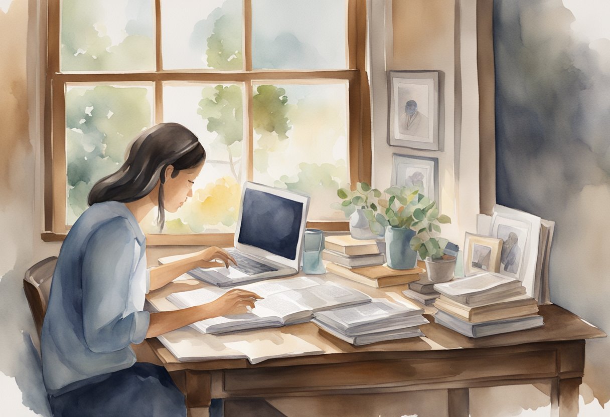 A person working at a desk with family photos and a Bible on the side