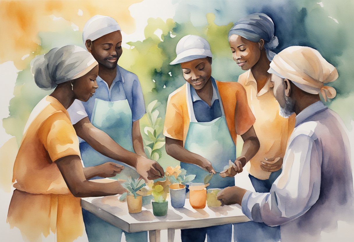 A group of diverse individuals working together in harmony, each contributing their unique skills and talents to serve a common purpose