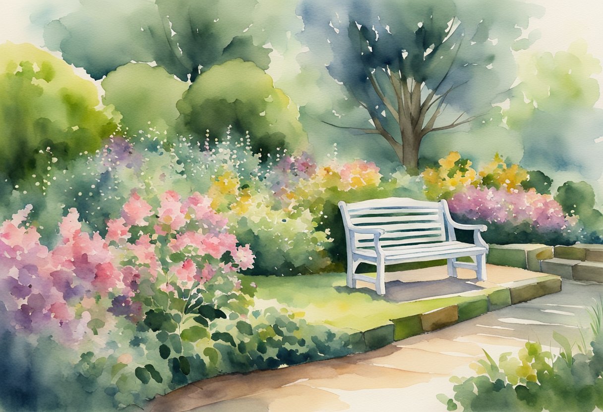 A serene garden with a peaceful pond, blooming flowers, and a bench for quiet reflection, surrounded by lush greenery