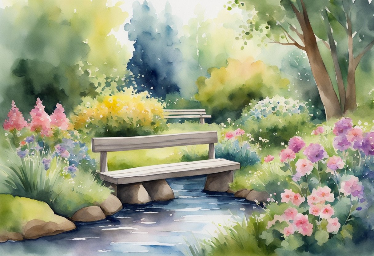 A peaceful garden with a bench, blooming flowers, and a gentle stream, surrounded by nature, symbolizing rest and honoring God in leisure