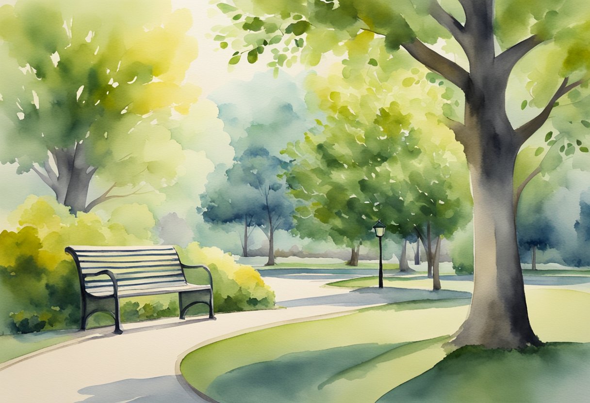 A serene park with a bench, trees, and a peaceful atmosphere, symbolizing rest and leisure in modern society from a Christian perspective