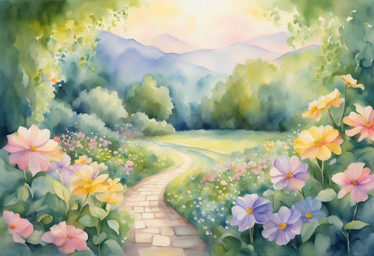 A serene garden with a broken chain symbolizing freedom from marital bondage, surrounded by blooming flowers and a shining sun