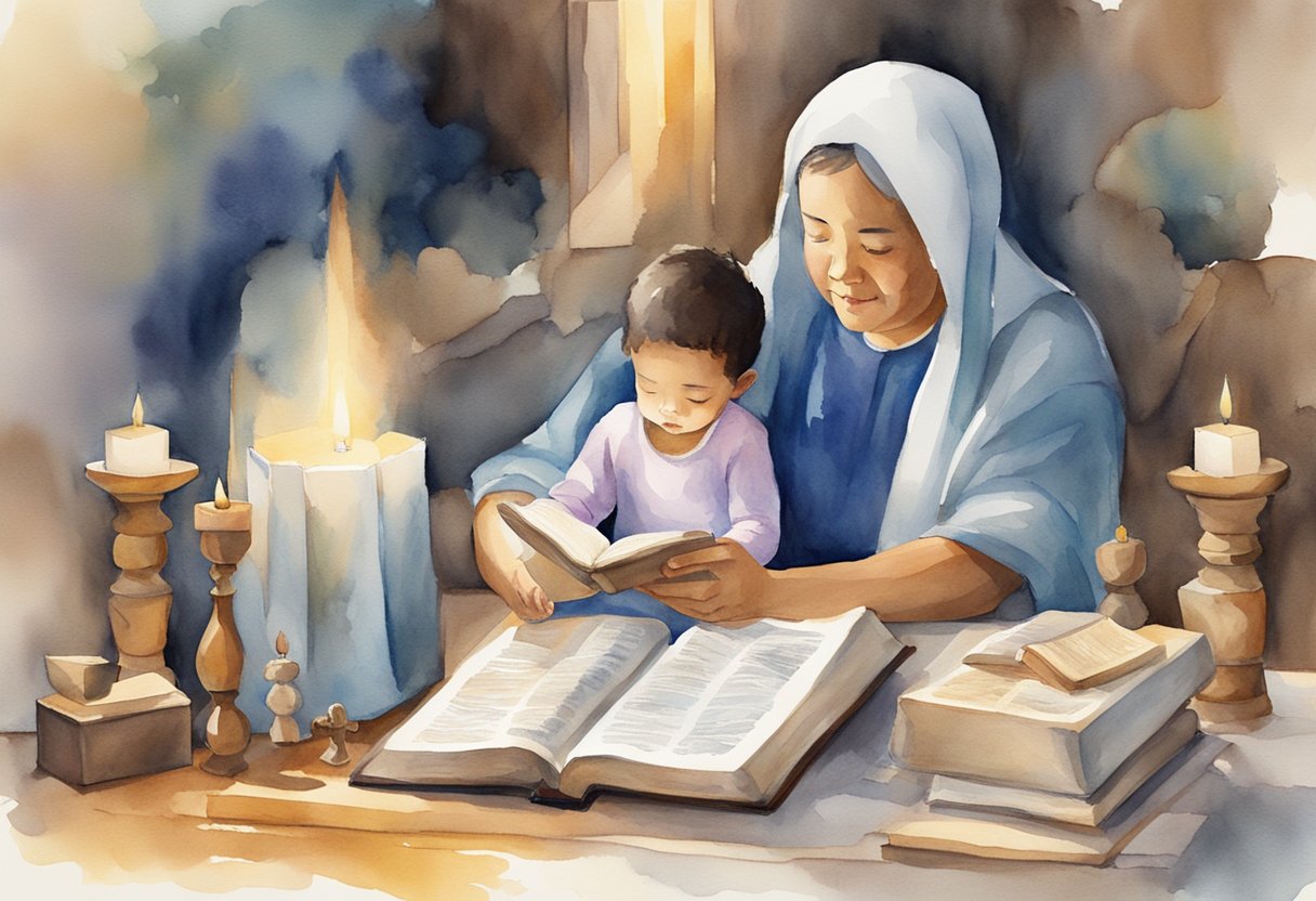 A parent reading a Bible to a child, surrounded by symbols of faith such as a cross, a prayer book, and a family altar