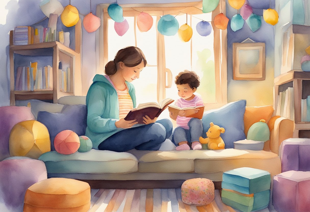 A parent reading a Bible to a child, surrounded by toys and colorful decorations in a cozy, nurturing environment
