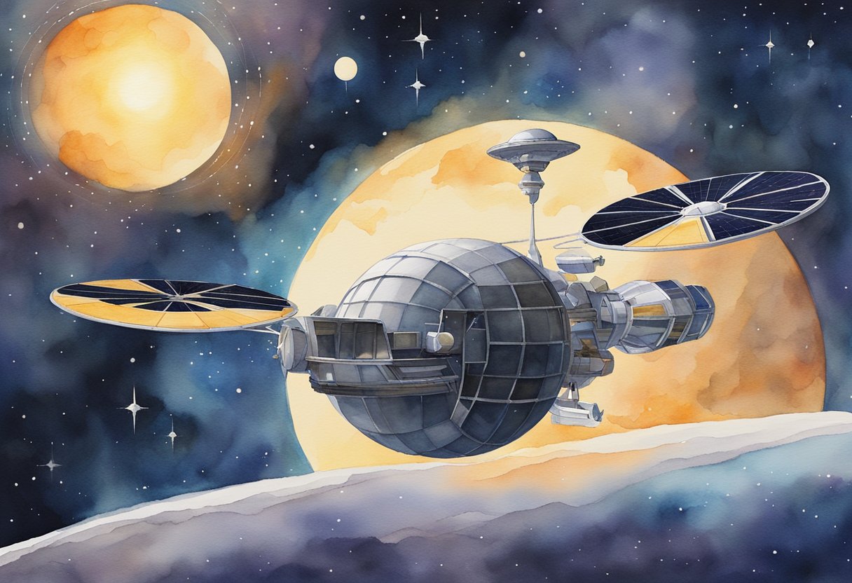 A spacecraft hovers over a distant planet, its solar panels glistening in the starlight as it collects energy to power its mission of exploration and discovery