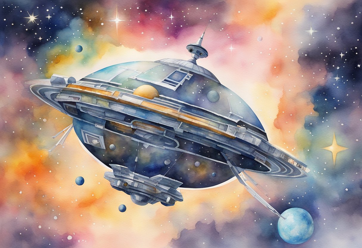 A spacecraft hovers above a beautiful, diverse planet, surrounded by stars and galaxies, symbolizing the Christian approach to space exploration and stewardship of the cosmos