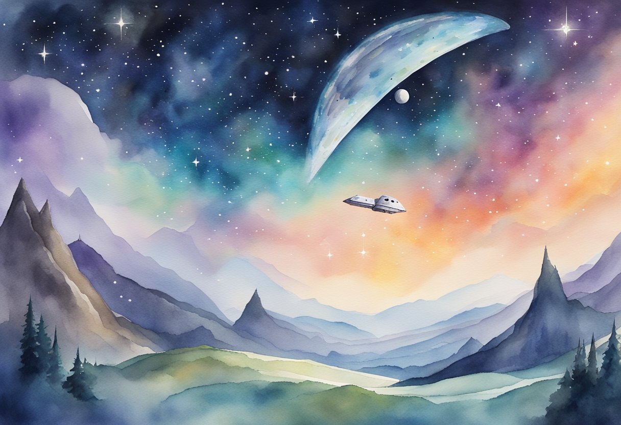 A spacecraft hovers above a distant planet, surrounded by stars and galaxies. The scene depicts the Christian belief in stewardship of the cosmos through space exploration