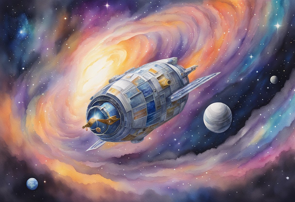 A spacecraft hovers above a vibrant, swirling galaxy, surrounded by stars and planets. The vessel appears small and insignificant against the vastness of space, highlighting the Christian approach to stewardship of the cosmos