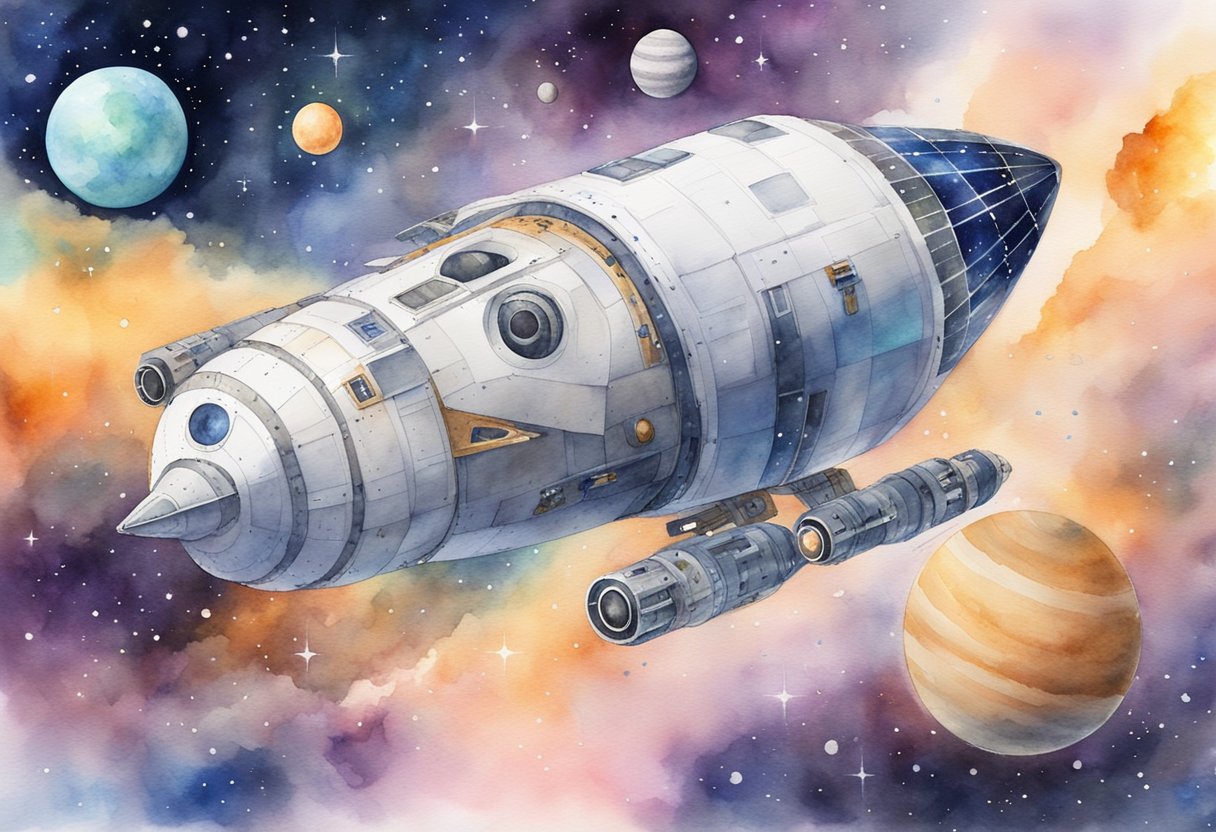 A spacecraft hovers over a distant planet, surrounded by stars and galaxies. It is equipped with tools for studying and preserving the cosmos