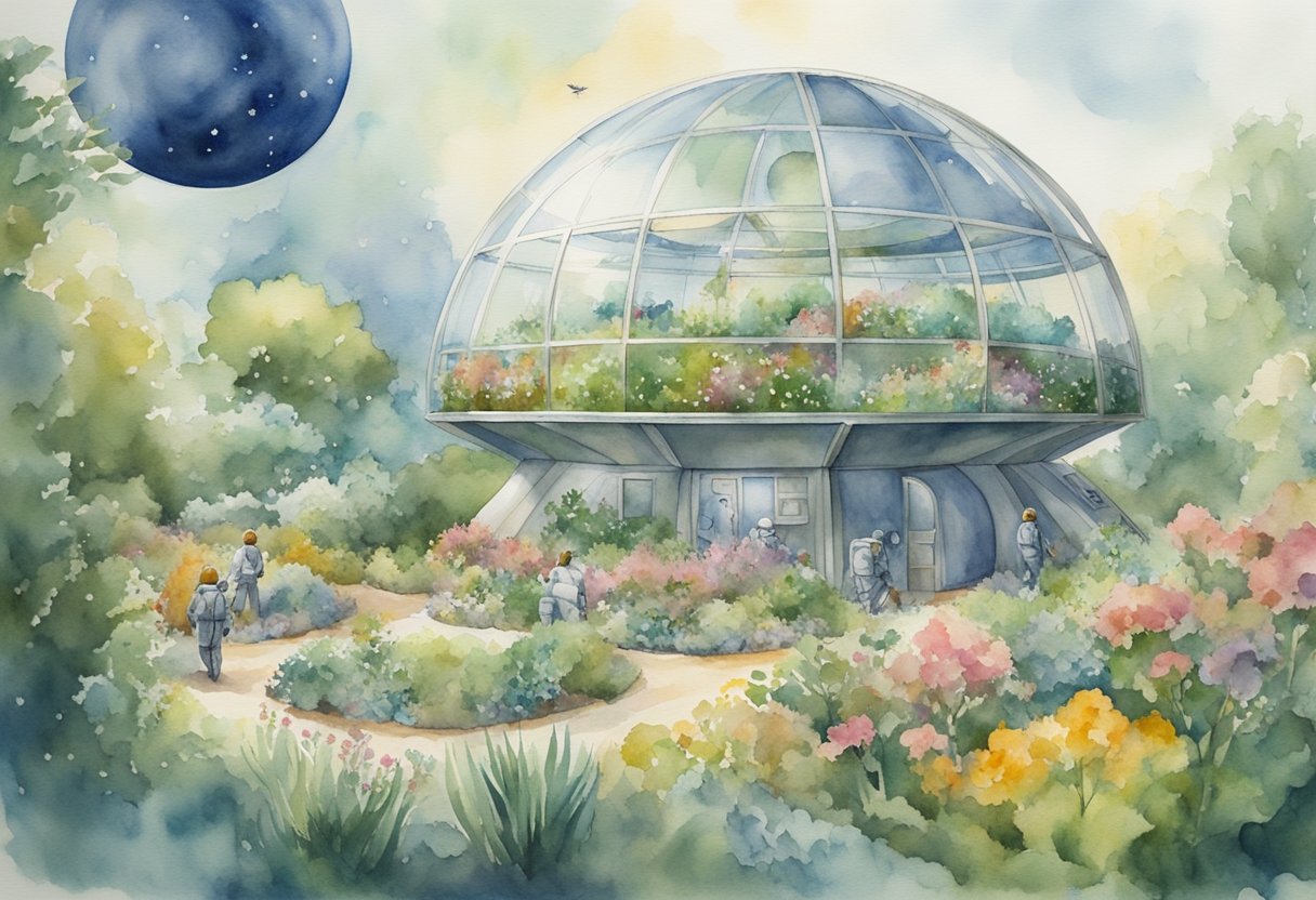 A spacecraft hovers over a pristine planet, with astronauts tending to a garden in a biodome, symbolizing the Christian approach to space as stewardship of the cosmos