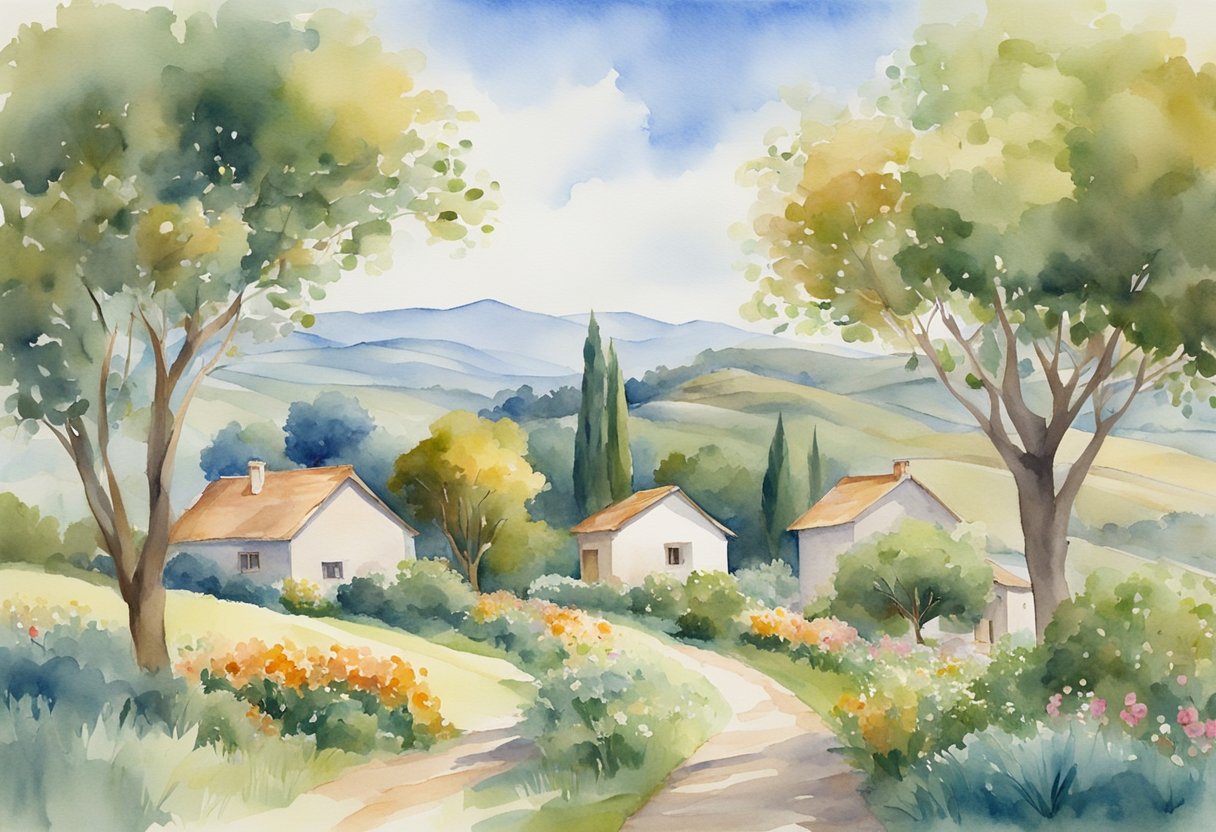 A peaceful garden with abundant fruit trees and humble dwellings, surrounded by a serene landscape of rolling hills and a clear blue sky