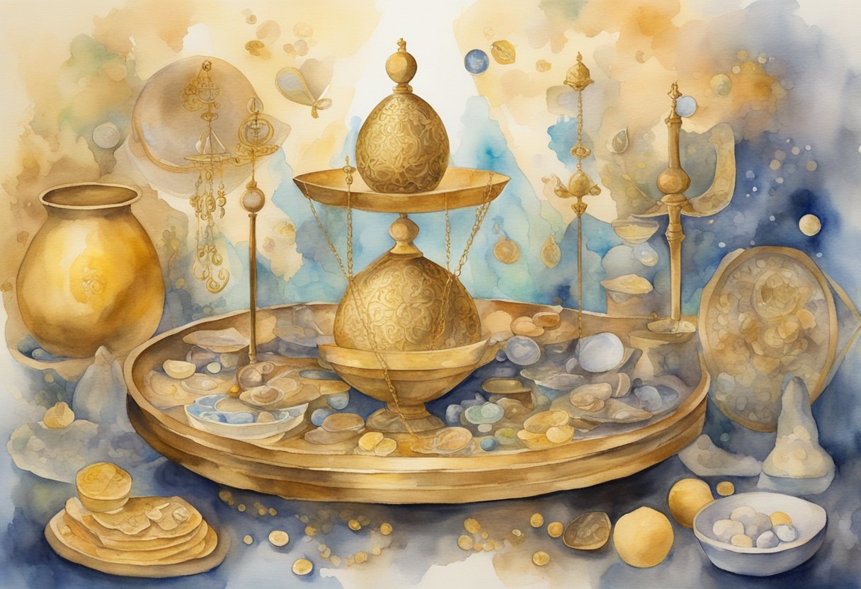 A golden scale with overflowing treasure on one side and a humble figure on the other, surrounded by biblical symbols of abundance and charity