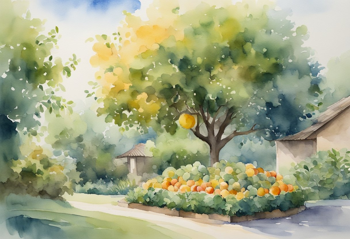A serene garden with a flourishing tree bearing abundant fruit, surrounded by humble and modest surroundings