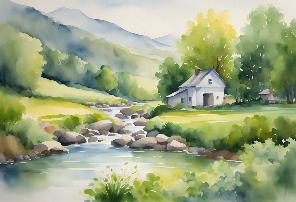 A serene landscape with a flowing river, lush greenery, and a small homestead, conveying peace and abundance