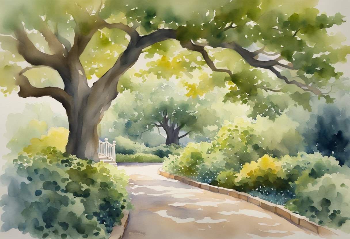 A serene, sunlit garden with a winding path leading to a grand, ancient oak tree. A gentle breeze rustles the leaves as a sense of peace and abundance fills the air