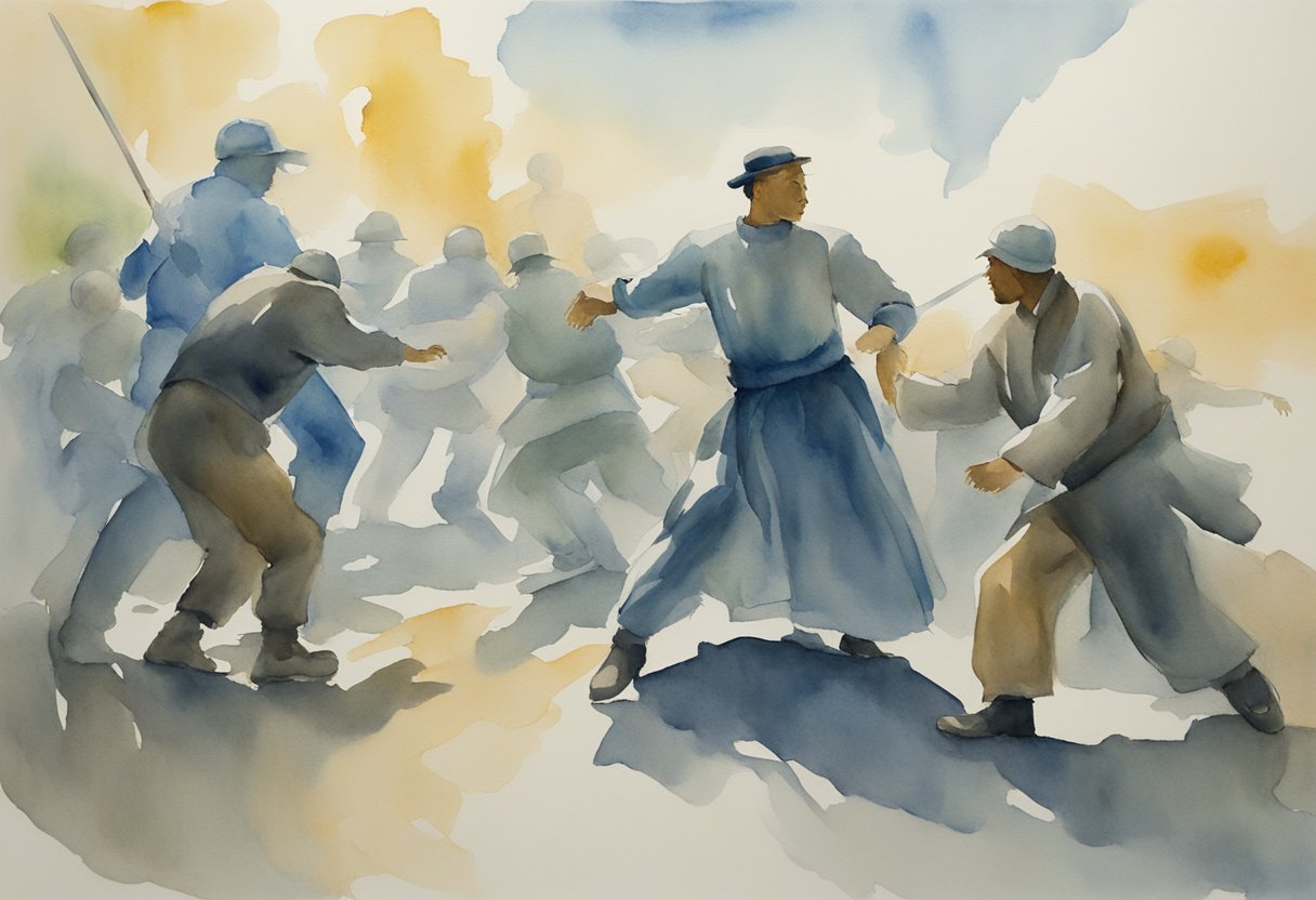 A figure intervenes to protect a smaller figure from a group of aggressive figures