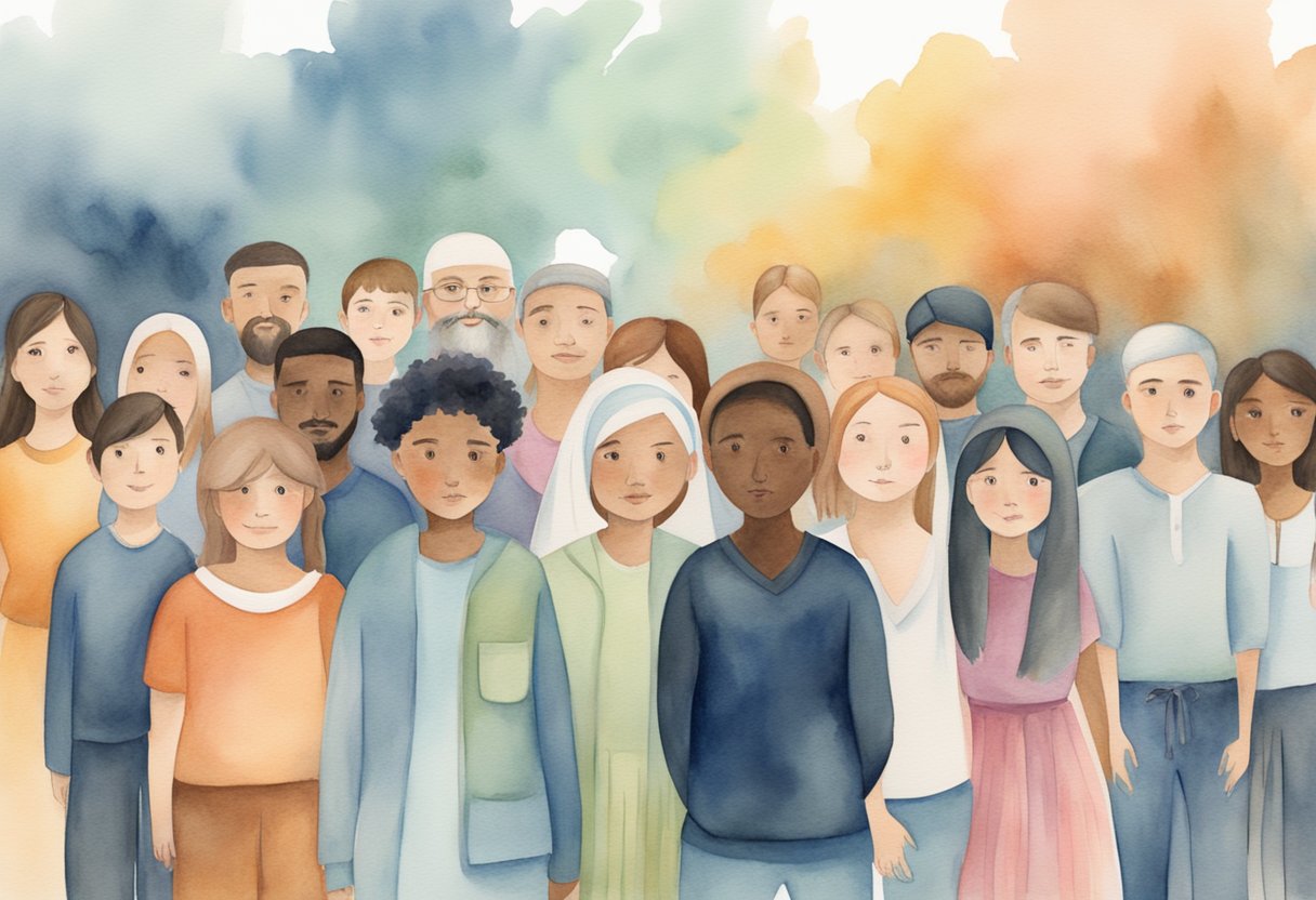 A group of people with diverse backgrounds and faiths standing together in solidarity against bullying, with a sense of strength and determination in their stance