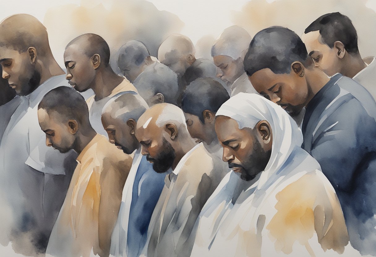 A group of individuals gather in prayer, bowing their heads in repentance and solidarity with the oppressed. The atmosphere is somber yet hopeful, as they stand together against bullying