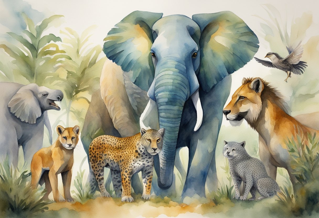 A diverse group of animals standing together in unity against a larger, threatening predator