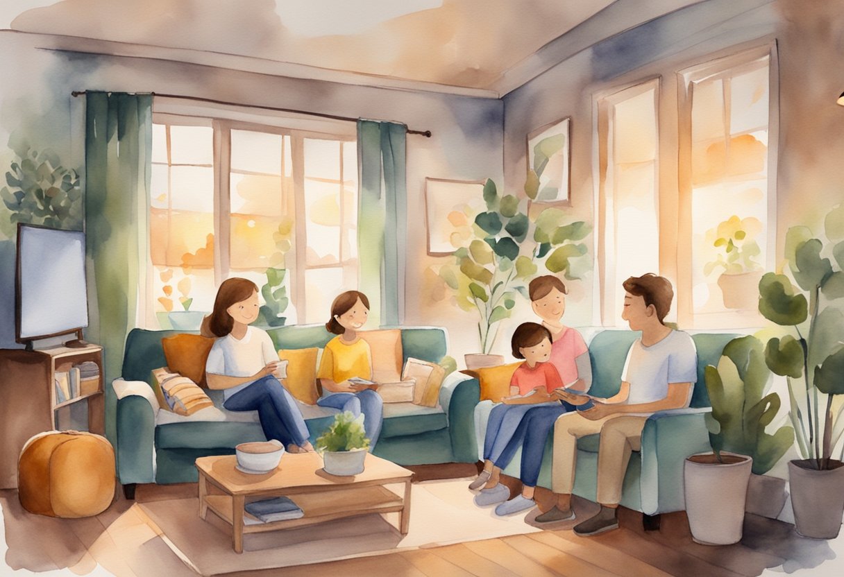 A family sitting together, watching a movie with positive messages and values. The room is cozy, with warm lighting and comfortable seating