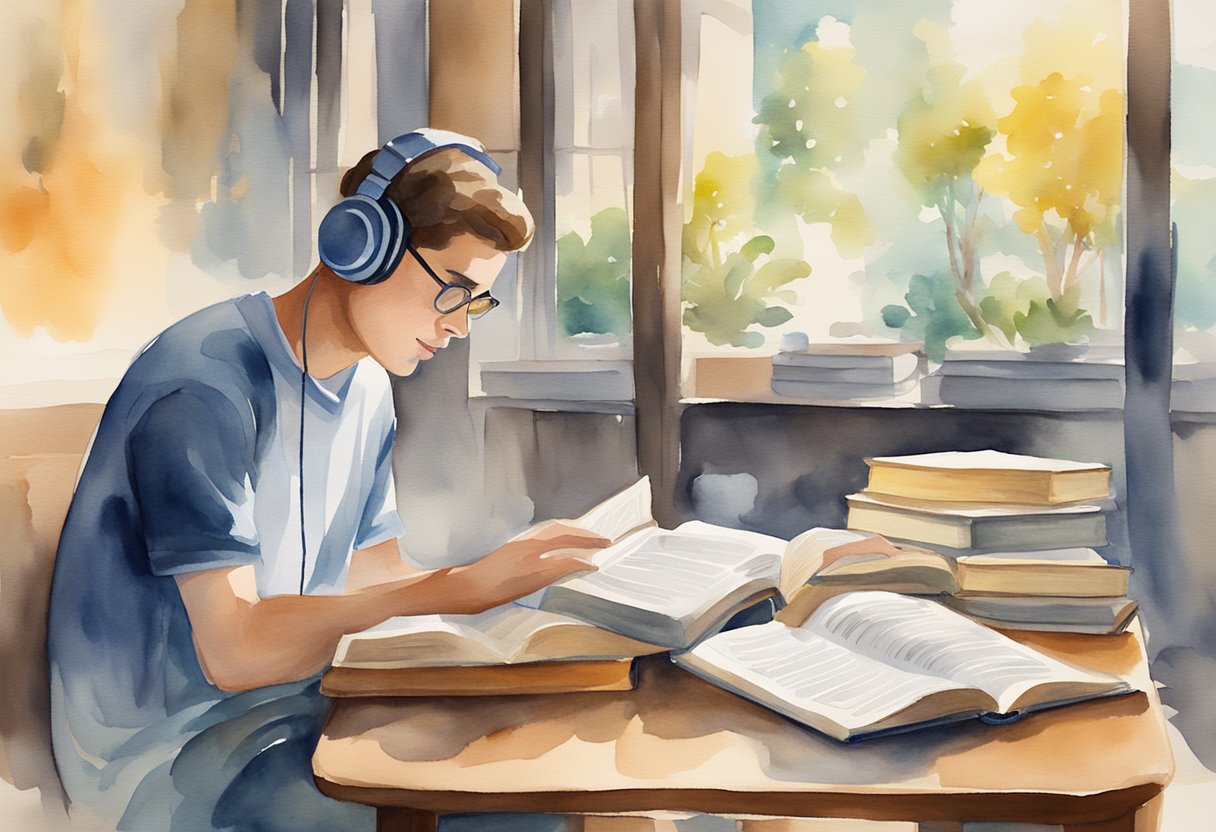 A person reading a book while listening to music, with a movie playing in the background. A Bible and entertainment options are displayed on a table