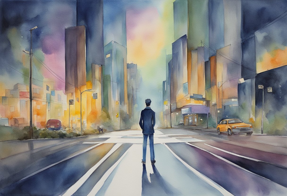 A person standing at a crossroads, with one path leading to bright, lively entertainment and the other to dark, dangerous entertainment. They are carefully considering their options before making a decision