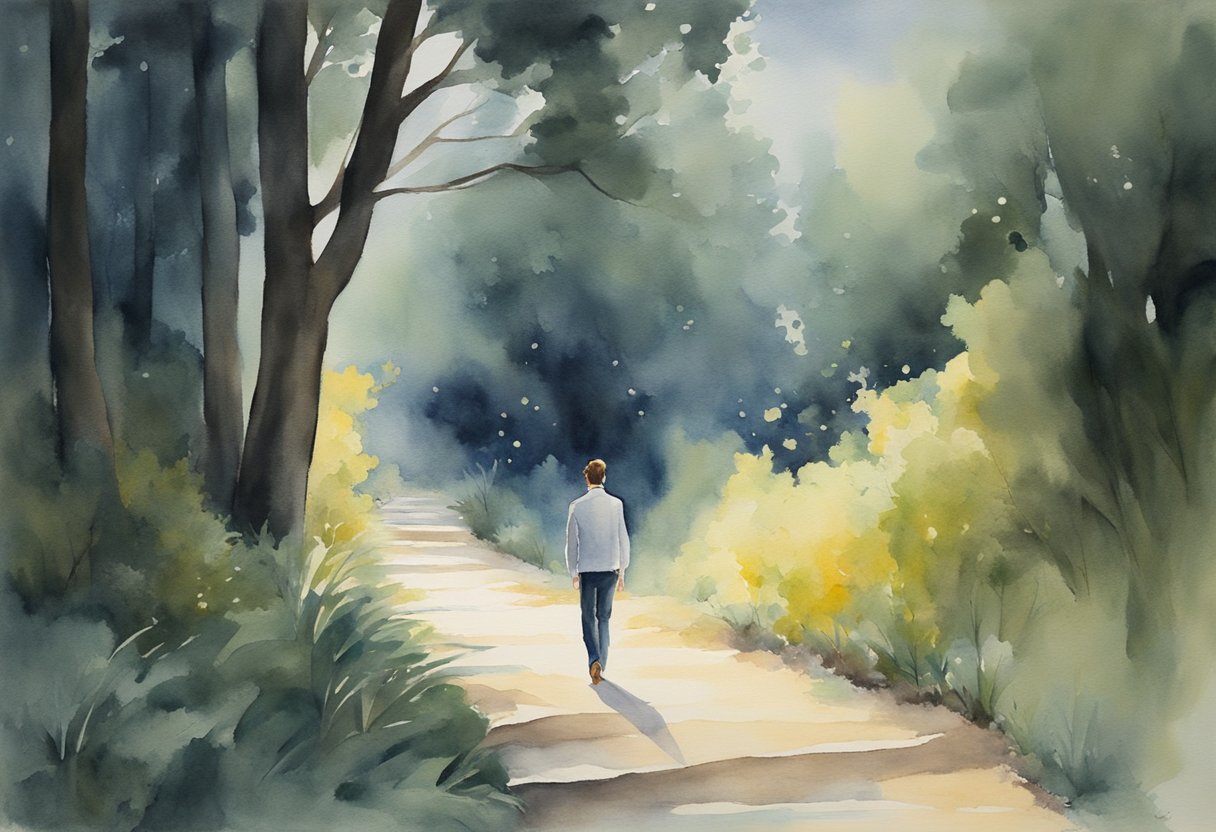 A figure walks confidently on a narrow path, surrounded by darkness but guided by a beam of light, symbolizing the Christian approach to discerning entertainment choices