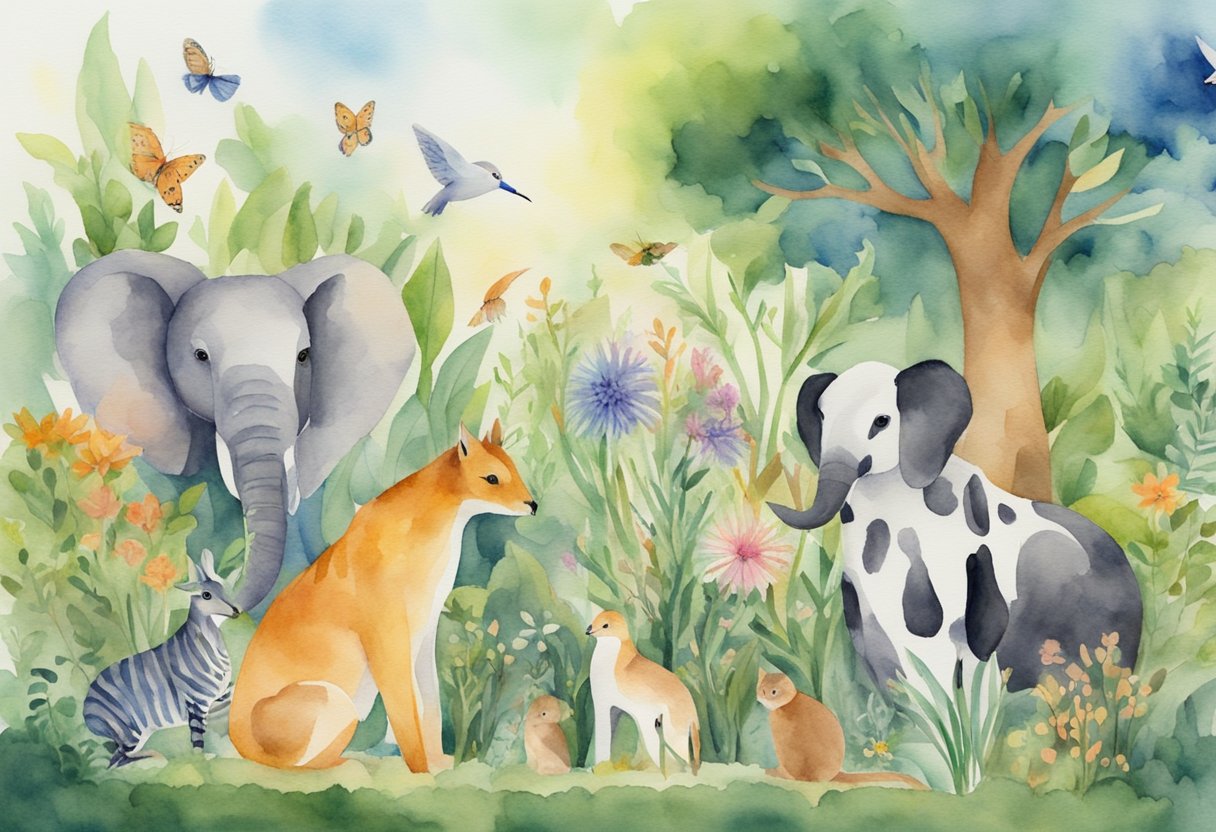 A diverse group of animals and plants coexisting in harmony, showcasing the Christian view of valuing all lives, including those with disabilities