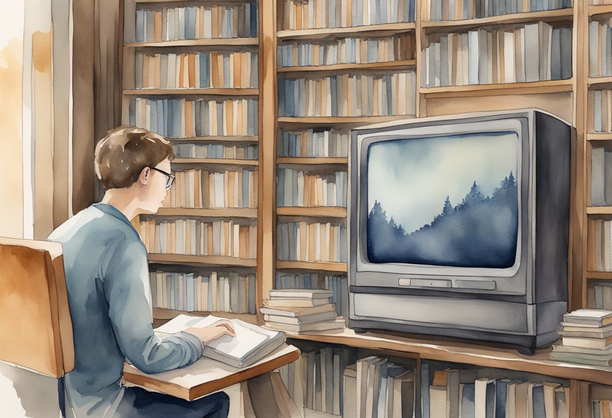 A person choosing between a book and a TV, with a thoughtful expression. A shelf of books and a TV in the background